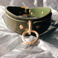 Green leather collar with gold ring on a reflective surface
