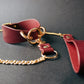 Red leather collar with gold chain on a dark background